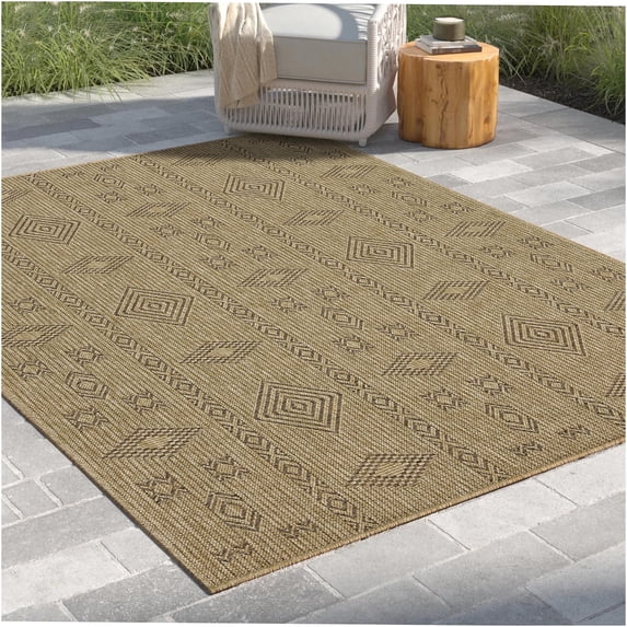 JERFIT Indoor Outdoor Rug 7x10, Natural Light Brown Reversible Flatweave Area Rug, All Weather Polypropylene, Easy Clean Patio Carpet for High Traffic, Living Room, Entryway