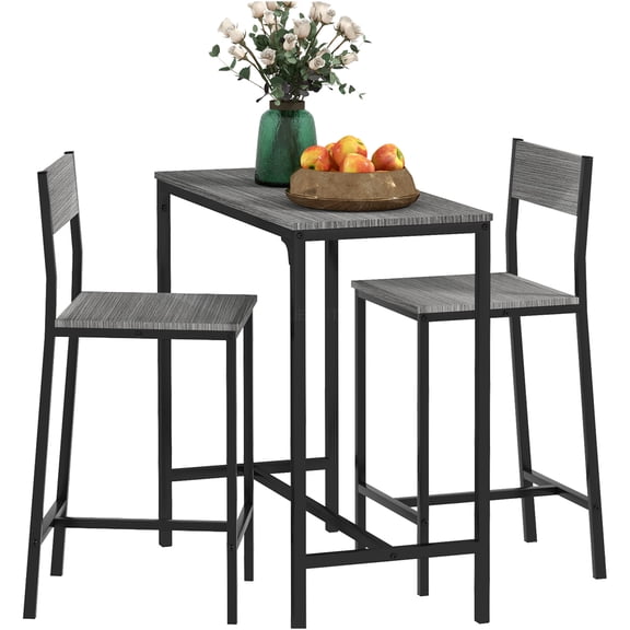 JERFIT Industrial 2-Person Counter Height Dining Set, Small Space Gray Kitchen Table with 2 High Back Bar Stools, Breakfast Nook Bistro Set