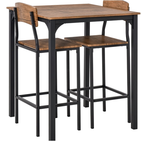 JERFIT Industrial 3-Piece Counter Height Table Set with Stools, Rustic Brown Wood Grain Top, Steel Frame, Compact Dining or Kitchen Bistro Set