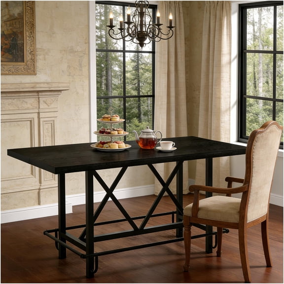 JERFIT Industrial 6-Seater Counter Height Dining Table, Rectangular Kitchen Table with Metal Legs and Wood Top, Black