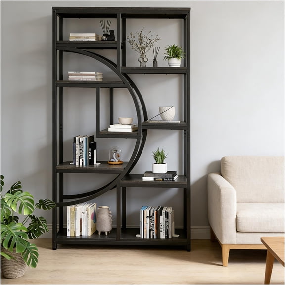 JERFIT Industrial 6-Tier Bookcase, Geometric Etagere Shelf with Wood & Metal Frame, Freestanding Display Organizer for Living Room, Bedroom, Office in Black and Gray