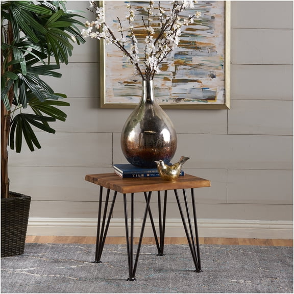 JERFIT Industrial Accent Table, Rustic Teak & Metal Side Table for Outdoor & Indoor Use