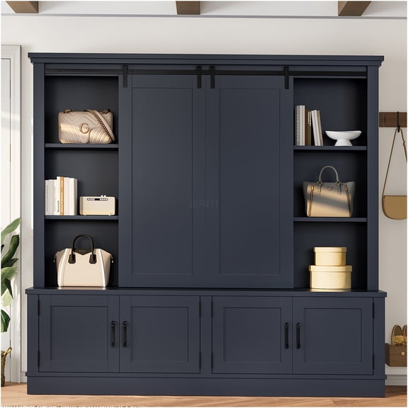 JERFIT Industrial Blue Hall Tree with Sliding Barn Doors, 12-Cubby Entryway Storage Cabinet with Open Shelves for Living Room, Foyer & Mudroom Organization