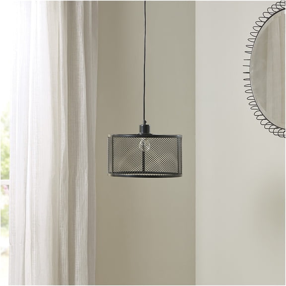 JERFIT Industrial Cage Pendant Light Black, Metal Mesh Drum Chandelier with Adjustable Hanging Cord, Single Bulb Fixture for Kitchen Island, Entryway, Living Room