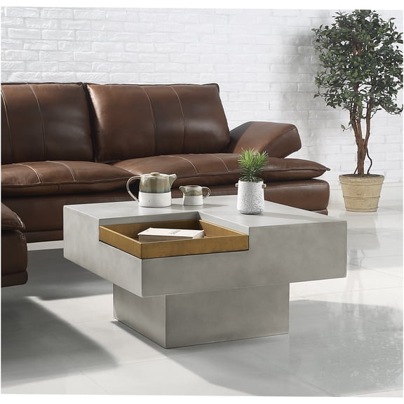 JERFIT Industrial Cement Coffee Table with Removable Tray, Weathered Grey Square Pedestal Base Living Room Center Table