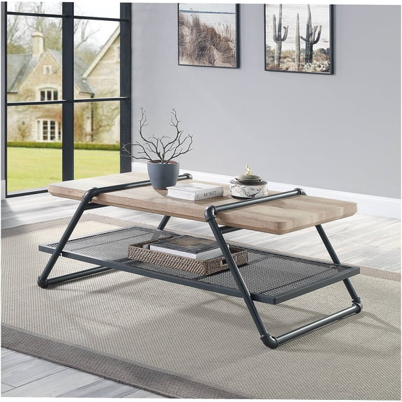 JERFIT Industrial Coffee Table with Shelf, Oak & Gray Finish, Composite Wood Top, Vintage Design for Living Room