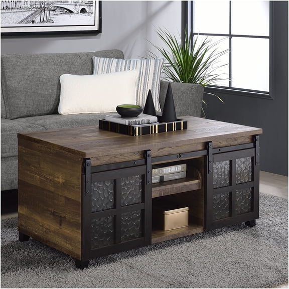 JERFIT Industrial Coffee Table with Sliding Barn Doors, Rustic Oak & Black Storage End Table for Living Room