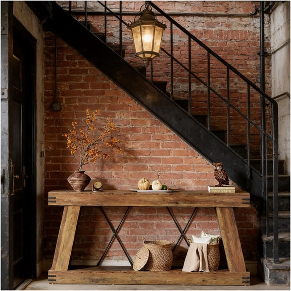 JERFIT Industrial Console Table with 2 Shelves, 70.9" Brown Sofa Table for Entryway, Farmhouse Hallway Table with X-Brace, Sturdy Metal and MDF Accent Table for Living Room