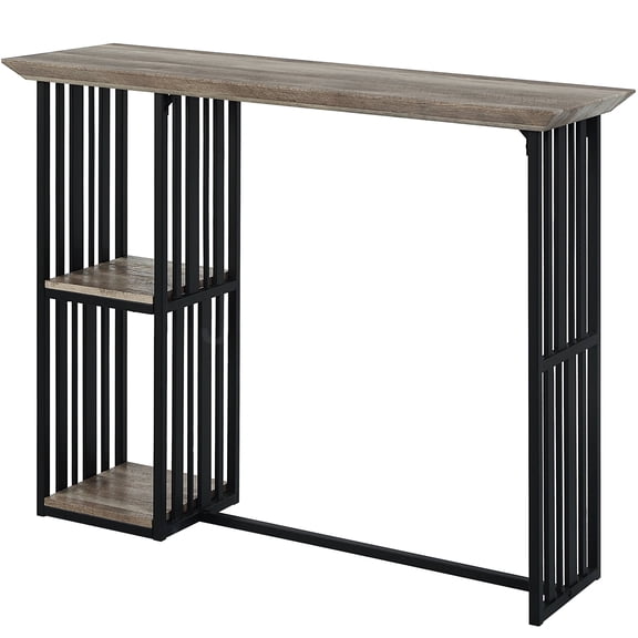 JERFIT Industrial Counter Height Table with Storage Shelves, Oak Top and Black Metal Base for Kitchen, Dining Room, Entryway