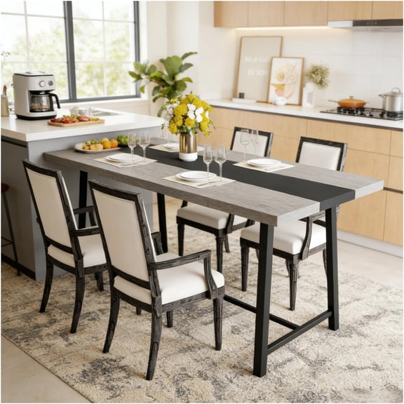 JERFIT Industrial Dining Table, 8-Seater Kitchen Table with Rustic Gray Wood Grain Top and Black Steel Frame, Large Rectangle Table for Dining Room, Office, Conference