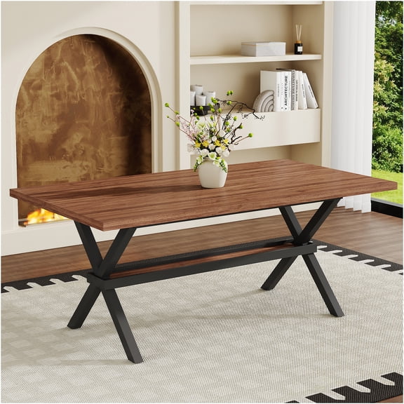 JERFIT Industrial Dining Table for 8 with Storage Shelf, Modern X-Shaped Metal Base, Walnut Wood Grain Top, Multifunctional Kitchen & Conference Desk