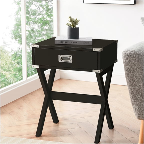 JERFIT Industrial End Table with Drawer, Black Wood Nightstand for Bedroom, Small Side Table for Living Room, Farmhouse Accent Table with X-Base