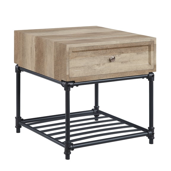 JERFIT Industrial End Table with Drawer and Shelf, Oak Finish Side Table, Nightstand for Bedroom, Living Room, Entryway