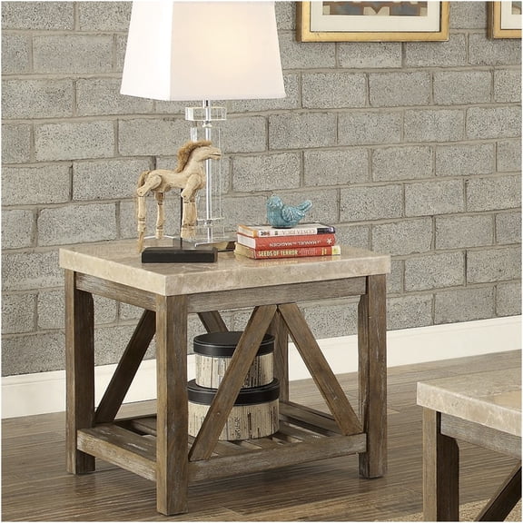 JERFIT Industrial End Table with Marble Top and Lower Shelf, Natural Wood Sofa Side Table for Living Room, Cream White