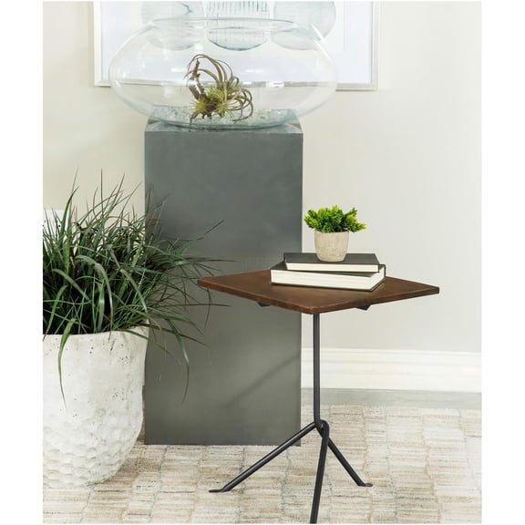 JERFIT Industrial End Table with Tripod Base, Dark Brown Mango Wood Top & Gunmetal Metal Legs, Small Accent Table for Living Room, Bedroom, Office
