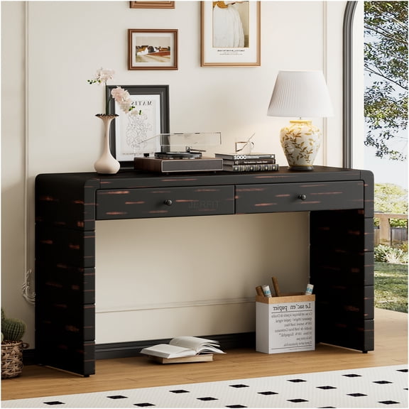 JERFIT Industrial Farmhouse Console Table with 2 Drawers, Curved Sofa Table Entryway Storage Cabinet with Metal Handles for Living Room Hallway, Distressed Black Finish