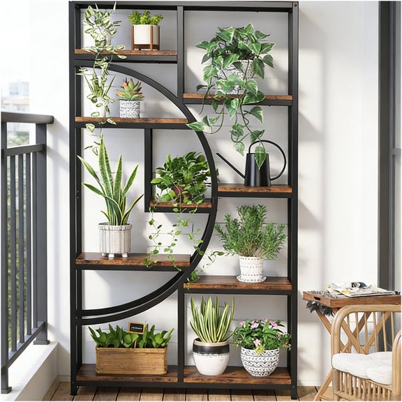 JERFIT Industrial Geometric Bookcase, 9-Tier Freestanding Display Shelf with Metal Frame for Living Room, Bedroom & Office, Rustic Brown & Black