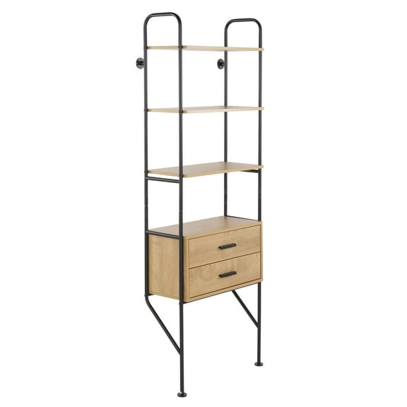 JERFIT Industrial Ladder Bookcase with Drawers, Wall Mounted Wood & Metal Shelving Unit, Brown and Black Storage Rack for Living Room, Bedroom, Office
