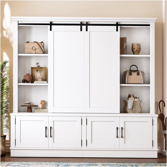 JERFIT Industrial Modern Farmhouse Entryway Cabinet with Sliding Barn Doors, White Hall Tree Storage Organizer with Open Shelves for Living Room, Entry, Hallway