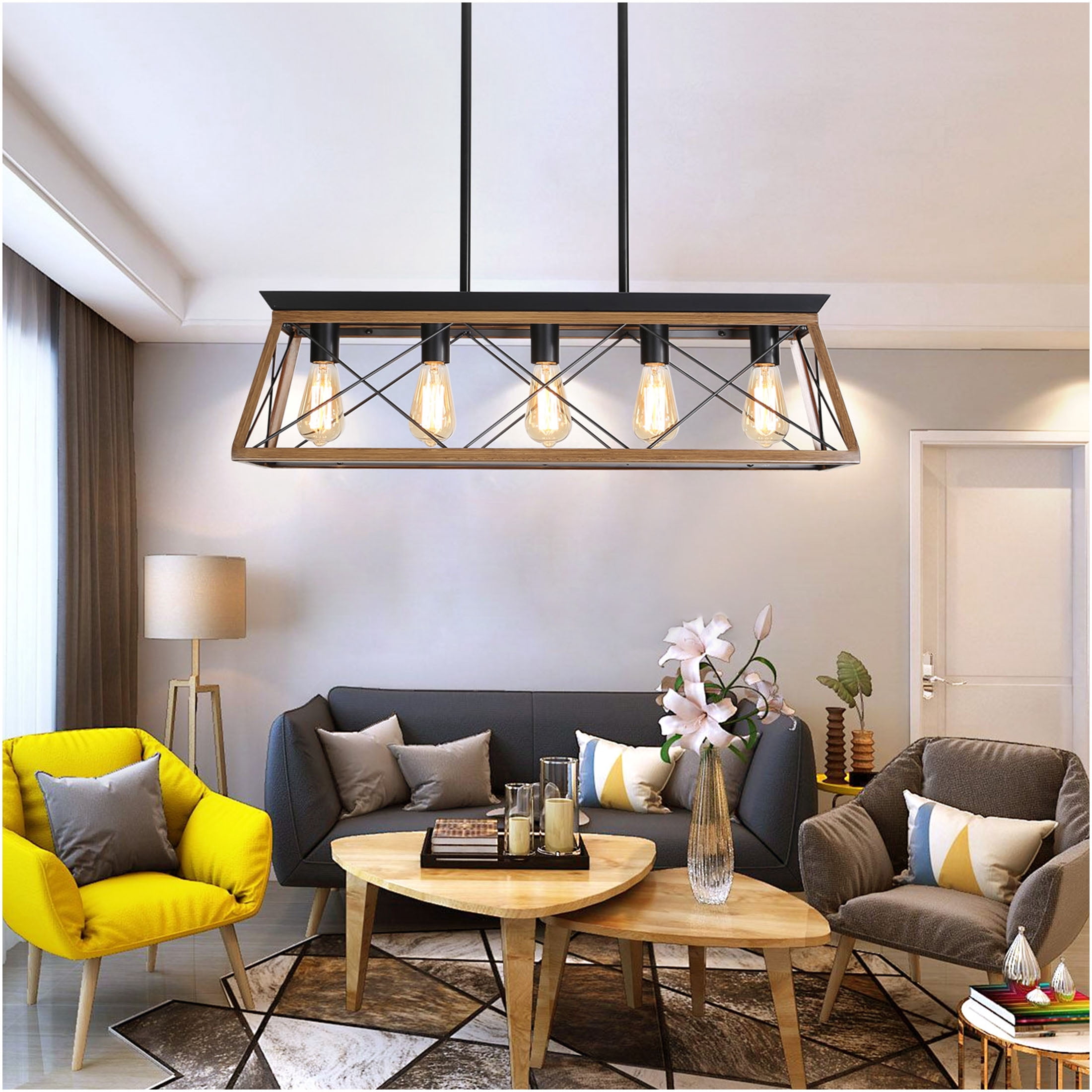 JERFIT Industrial Pendant Light 5-Light Metal Chandelier, Walnut Finish ...