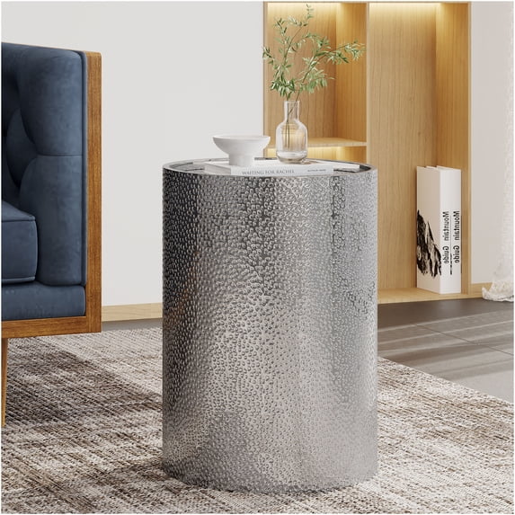 JERFIT Industrial Round End Table, Hammered Metal Side Table for Living Room, Small Accent Table with Iron Frame, No Assembly Required, Silver Finish