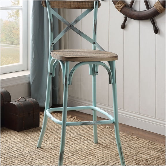 JERFIT Industrial Style Bar Stool with Wood Seat and Metal X-Back, Antique Oak and Turquoise Finish, Counter Height Armless Chair