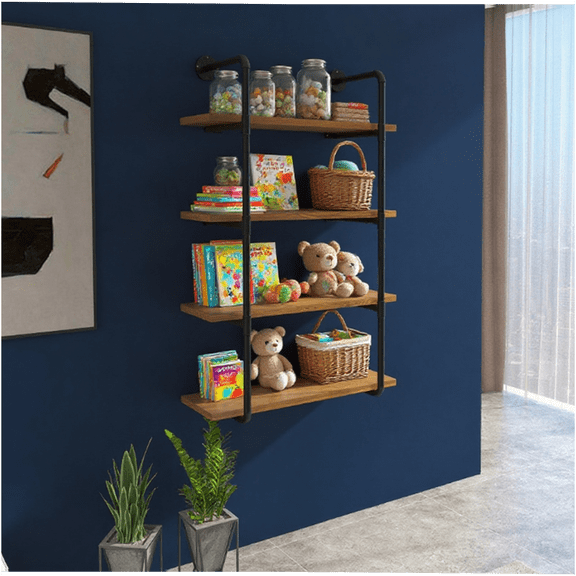 JERFIT Industrial Wall Mounted Shelf, Rustic Brown Pipe Floating Bookshelf, MDF Display Rack for Living Room, Kitchen, Bedroom