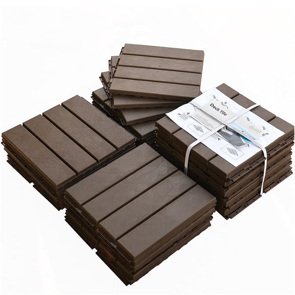 JERFIT Interlocking Outdoor Deck Tiles 12x12 Inch, Composite Plastic Flooring for Patio, Balcony, Porch, All-Weather Brown Tiles (Pack of 9)