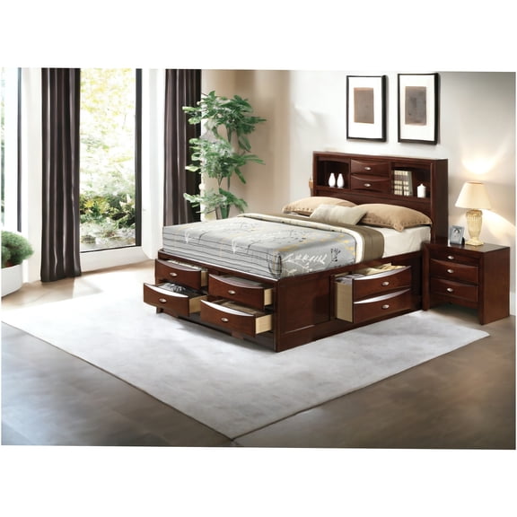 JERFIT Ireland Espresso Finish Platform Storage Bed with 8 Drawers & Bookcase Headboard