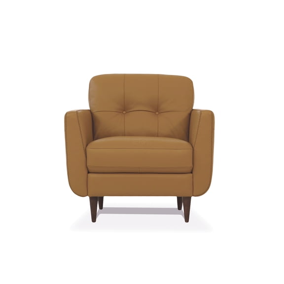 JERFIT Italian Leather Accent Chair with Dark Walnut Legs, Button Tufted Back and Loose Cushion for Living Room, Office