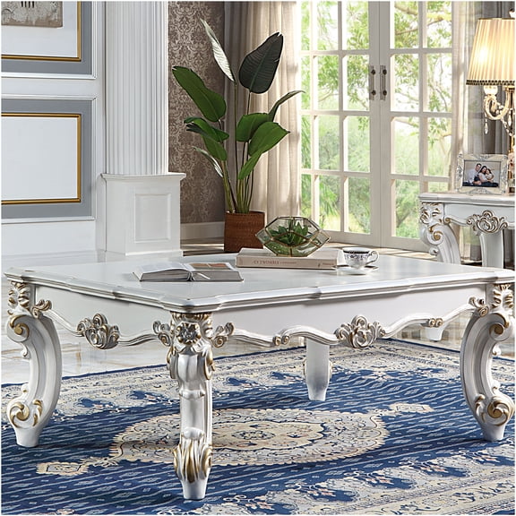JERFIT Ivory Antique Pearl Coffee Table with Scroll Legs, Traditional Sofa Table with Carved Details for Living Room
