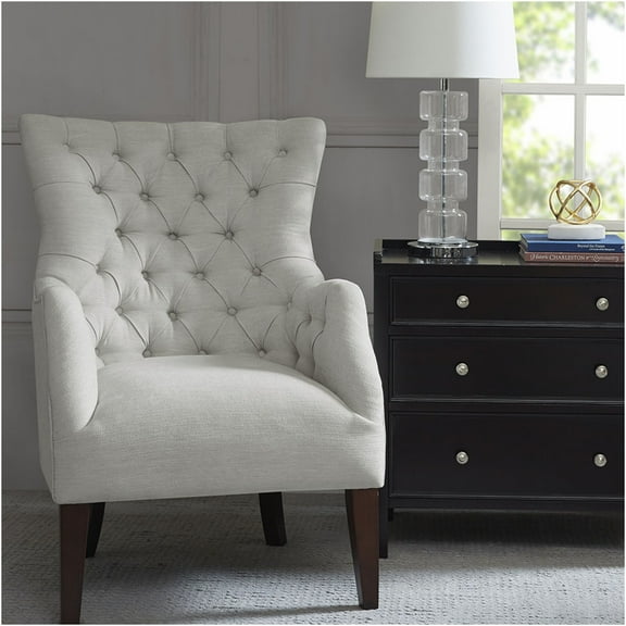 JERFIT Ivory Button Tufted Accent Chair with Wood Legs, Upholstered Wingback Reading Chair for Living Room, Bedroom