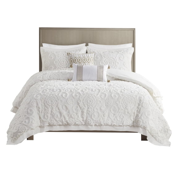 JERFIT Ivory Cotton Tufted Chenille Comforter Mini Set Full Queen Size for Bedroom Refresh