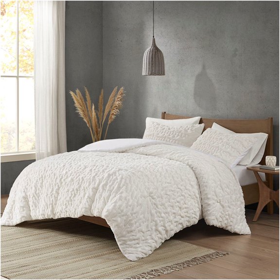JERFIT Ivory Faux Fur Comforter Set King Size, Luxury Ruched Down Alternative Bedding Set with 2 Shams, All Season Medium Weight, Hypoallergenic, OEKO-TEX Certified