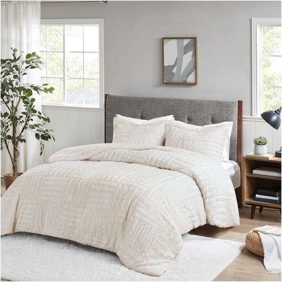 JERFIT Ivory Faux Fur Comforter Set Queen Full, Checkerboard Pattern Hypoallergenic Down Alternative Bedding, Machine Washable with 2 Shams