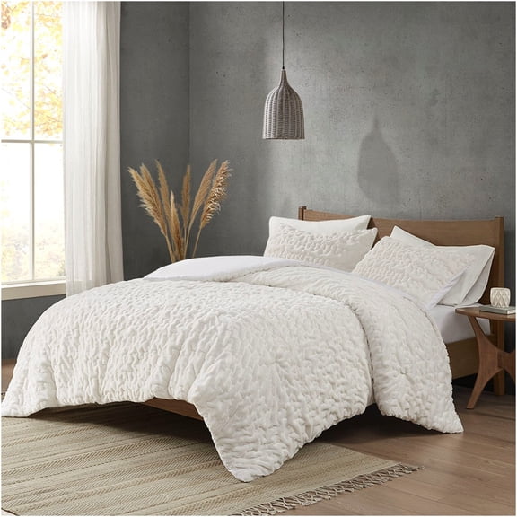 JERFIT Ivory Faux Fur Comforter Set, Queen Size Down Alternative Bedding, Ruched Design, Hypoallergenic, OEKO-TEX Certified, All Season, Includes 1 Comforter & 2 Shams