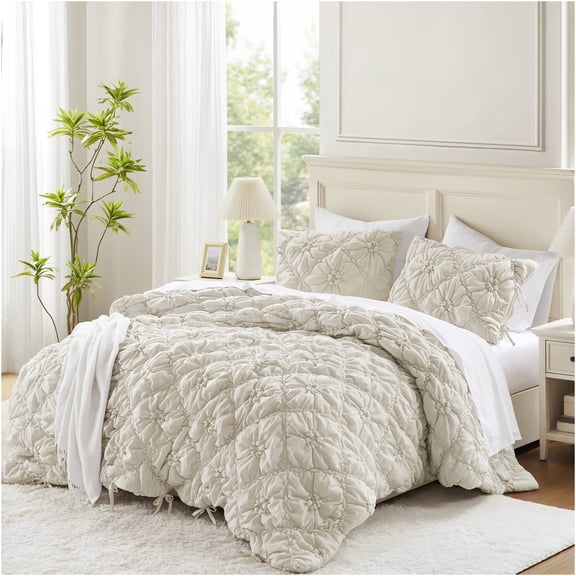 JERFIT Ivory King Size Comforter Set 3-Piece, Floral Embroidery Shabby Chic Bedding, All-Season Microfiber Quilt