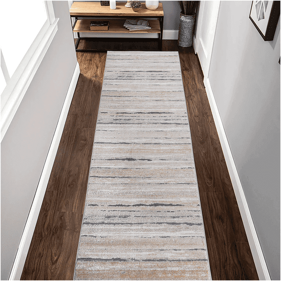 JERFIT Ivory Multi Striped Runner Rug 26 x 96 Inch Polypropylene Modern Contemporary Floor Decor