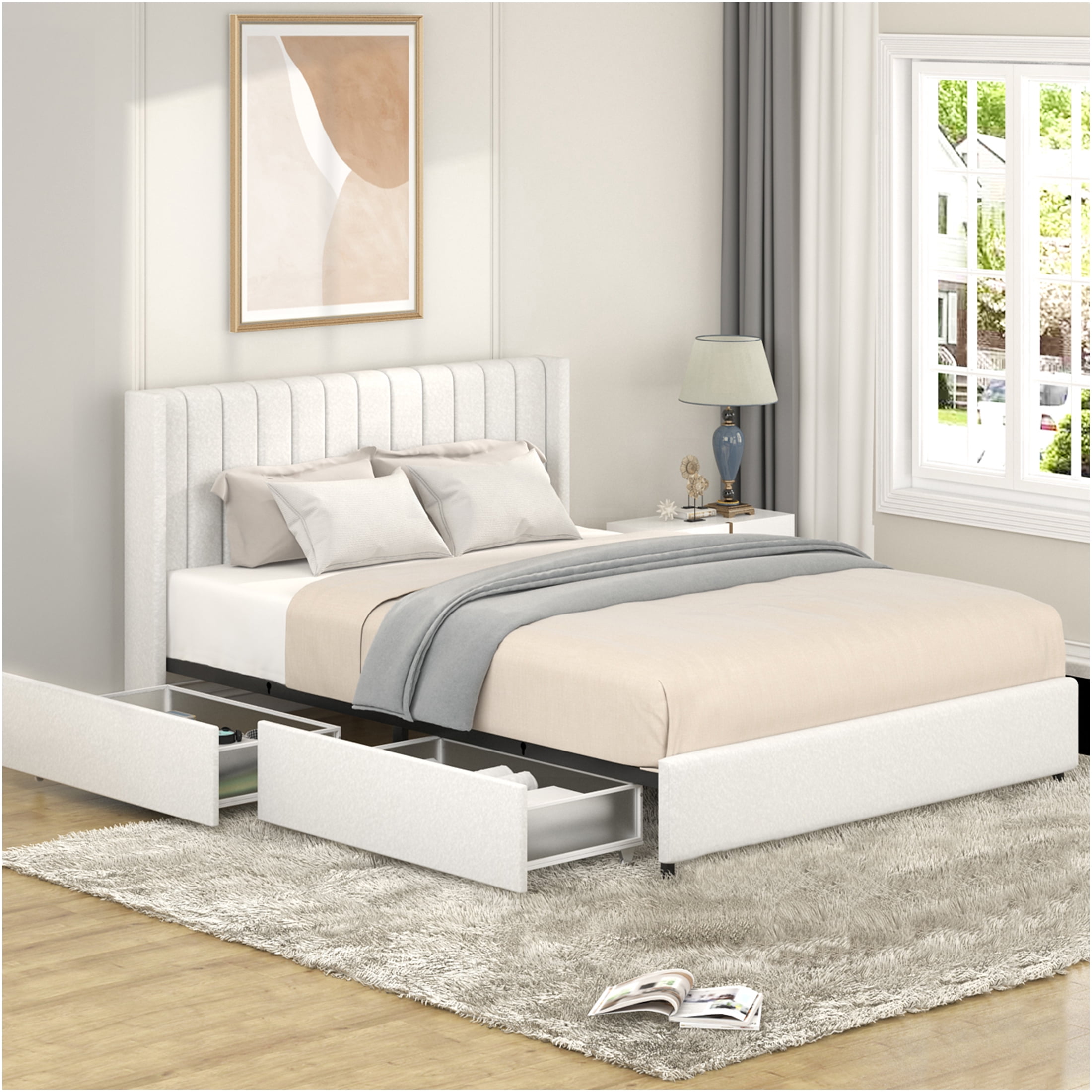 JERFIT Ivory Queen Size Upholstered Storage Bed Frame with 4 Large Drawers, Wingback Headboard Wood Slat Support, No Box Spring Needed
