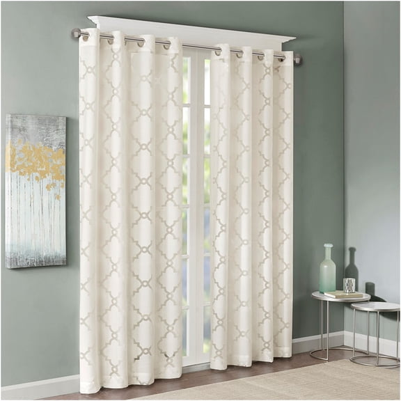 JERFIT Ivory Sheer Curtain Panel with Burnout Fretwork Design for Living Room, 50x84 Inch, Grommet Top, Lightweight & Airy, 1 Panel