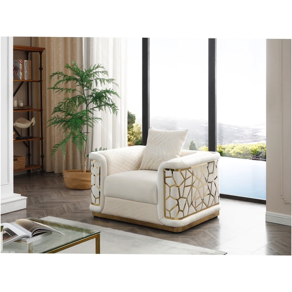 JERFIT Ivory Upholstered Accent Chair with Micro Suede, Modern Button Tufted Club Chair with Patterned Fabric for Living Room, Bedroom