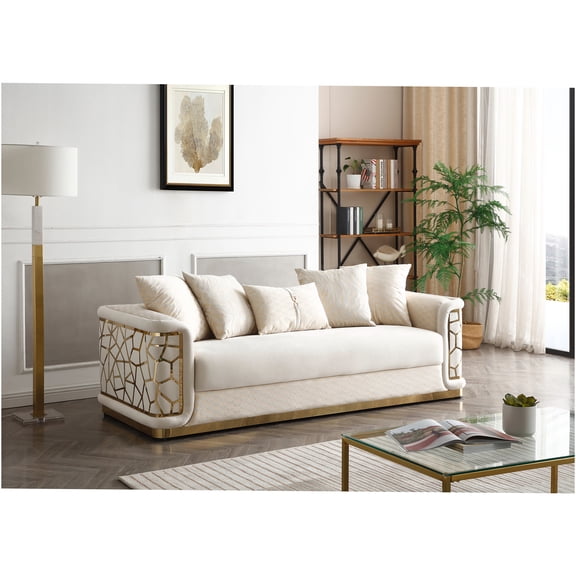 JERFIT Ivory Upholstered Sofa, 3-Seater Modern Couch with Brass Trim, Patterned Fabric for Living Room