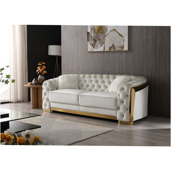 JERFIT Ivory Velvet Sofa, 90" Wide Upholstered Living Room Couch with Diamond Quilting and Tufted Back, Luxury Fabric 2-Seater for Cozy Apartment