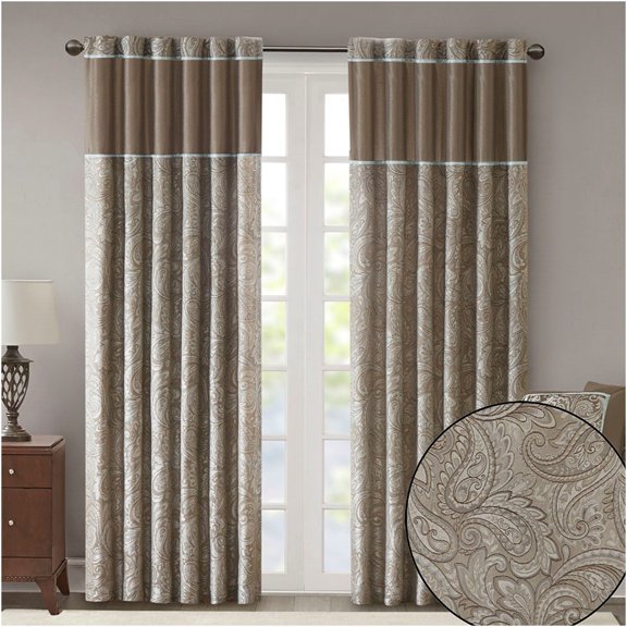 JERFIT Jacquard Curtains for Living Room 50x84 Inch, Blue and Brown Polyester Window Panels with Rod Pocket & Back Tabs, Light Filtering Paisley Design, OEKO-TEX Certified Pair