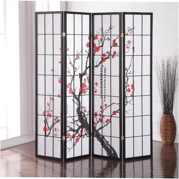 JERFIT Japanese Room Divider 4 Panel Folding Privacy Screen with Plum Blossom Design for Home Decor