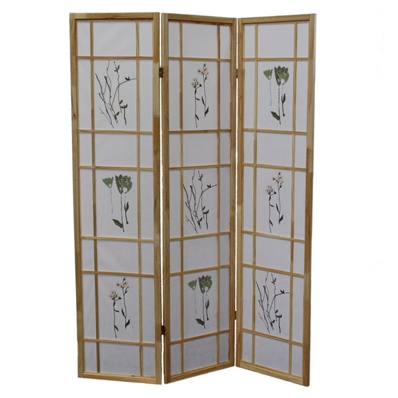 JERFIT Japanese Shoji Screen Room Divider 3-Panel Folding Privacy Partition with Floral Design, Natural Wood Finish