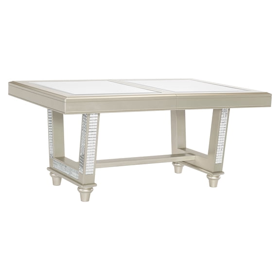 JERFIT Juliette Champagne Trestle Dining Table with Extension Leaf, Glass Insert Top, Glamorous Modern Design for Dining Room