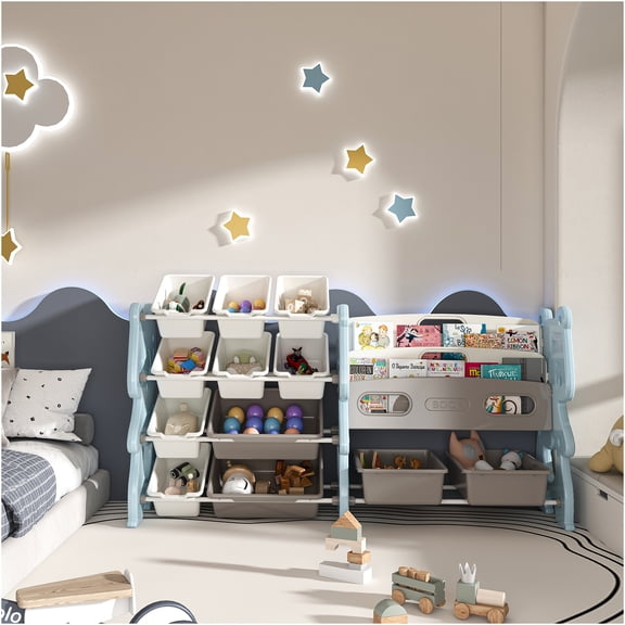 JERFIT Kids 2 Tier Bookshelf Toy Organizer with 12 Bins, Blue Toy Storage Shelf for Playroom, Classroom & Bedroom
