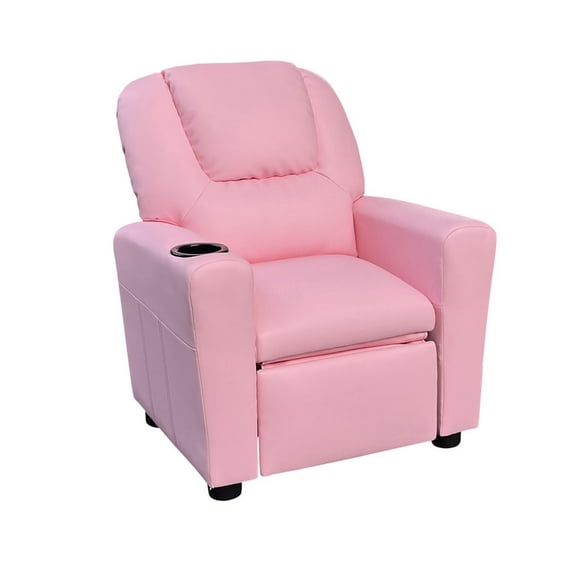 JERFIT Kids Recliner Chair with Cup Holder, Pink Faux Leather Reclining Chair, Padded Seat & Backrest, Foldable Teen Lounge Chair for Bedroom, Playroom