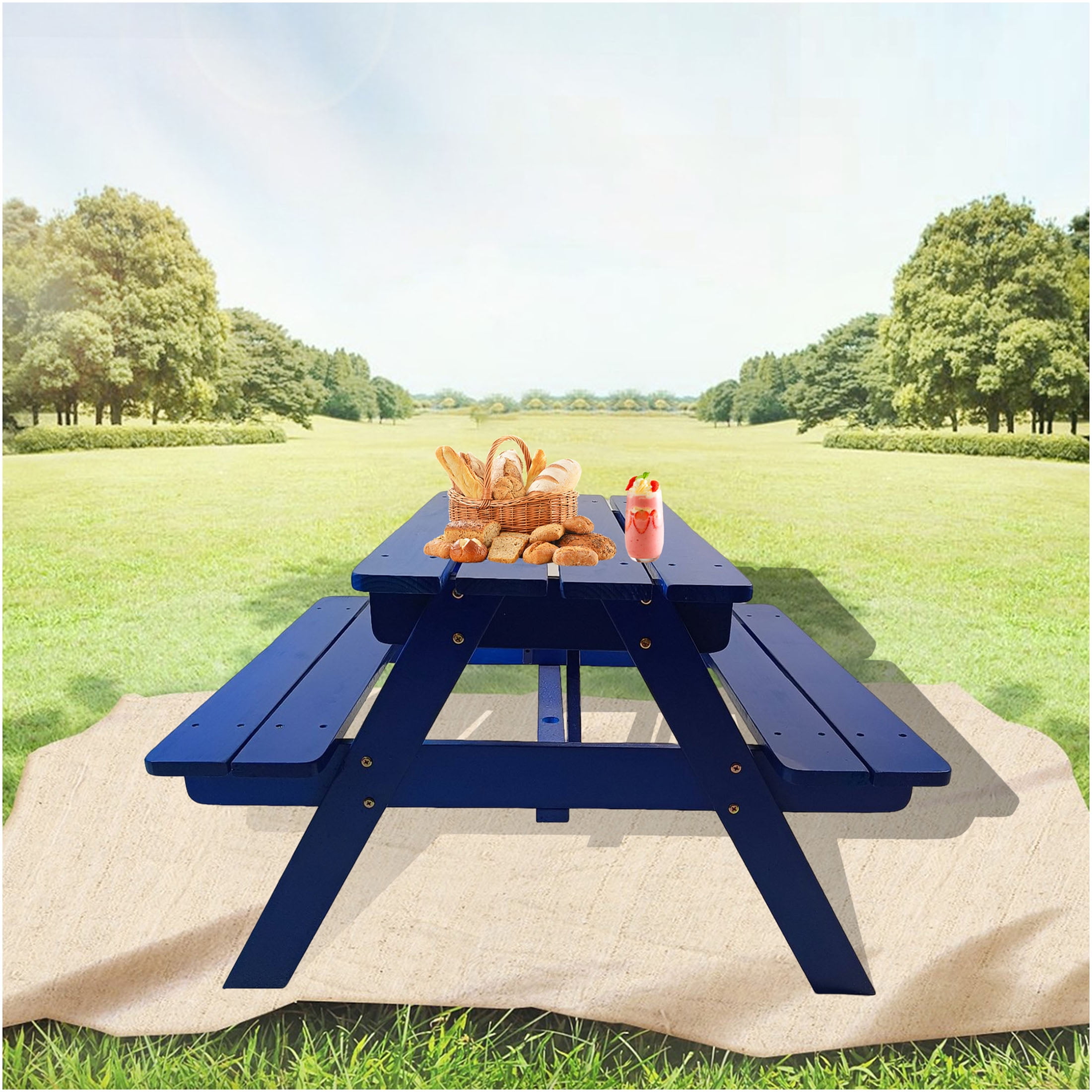 JERFIT Kids Table and Chair Set, Solid Wood Childrens Activity Desk with 2 Chairs, Small Table for Toddlers, Blue